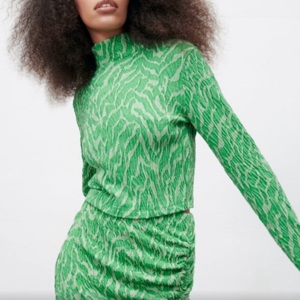 Zara Green Zebra Long Sleeve Retro Turtleneck Crop Top Medium